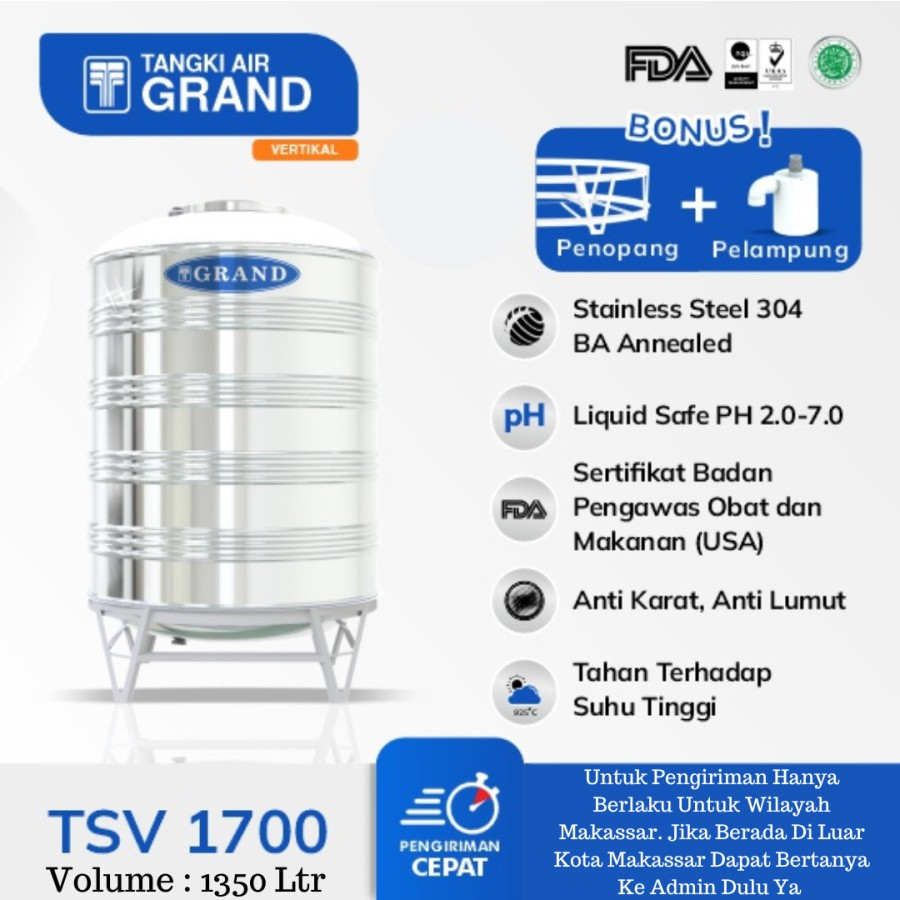 Tandon Air Stainless Grand Vertikal 1350 Liter TSV 1700 Tangki Penampungan Air