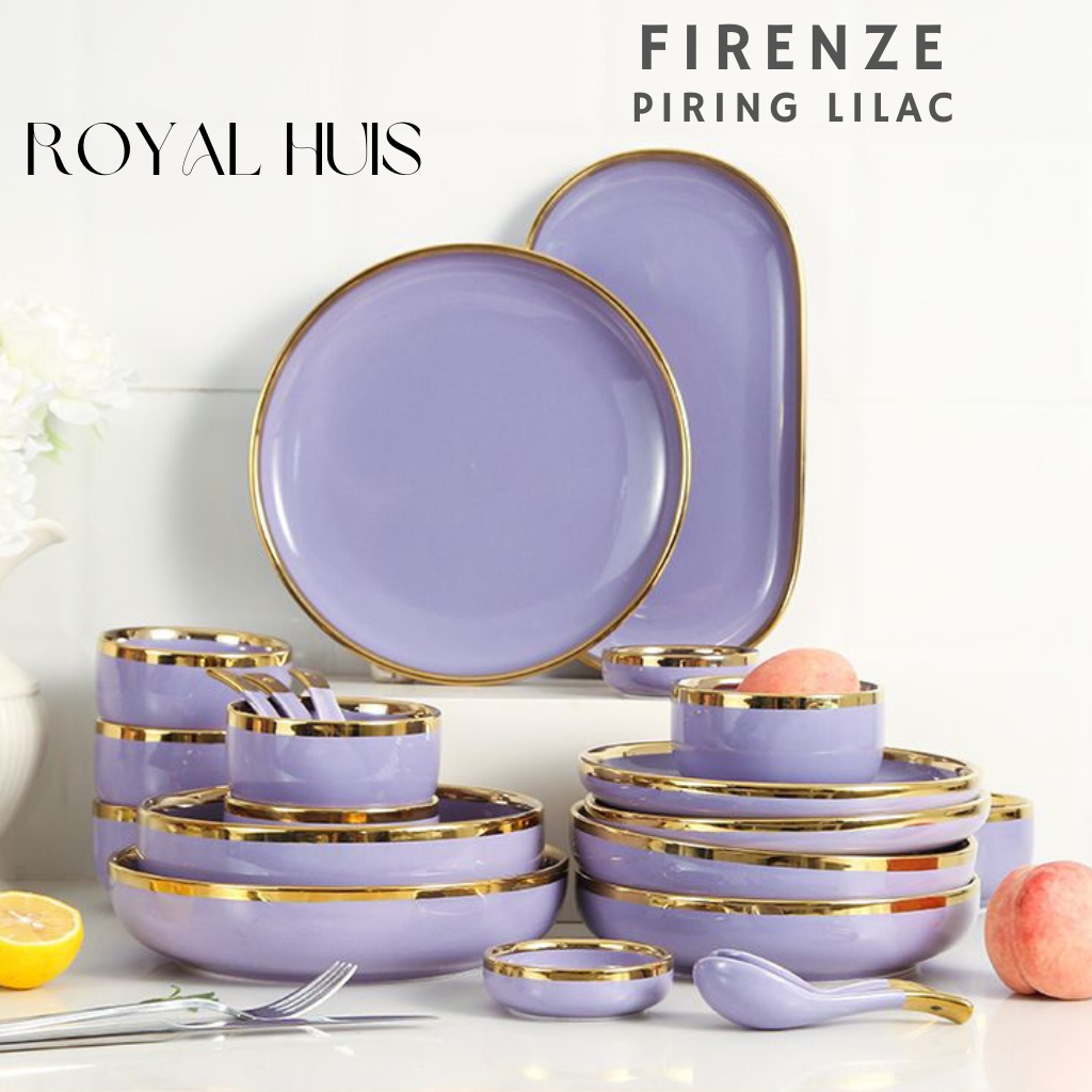 Piring Makan Keramik Ungu Lilac Gold / Piring Ungu Keramik List Gold / Mangkuk Keramik Ungu Gold Ele
