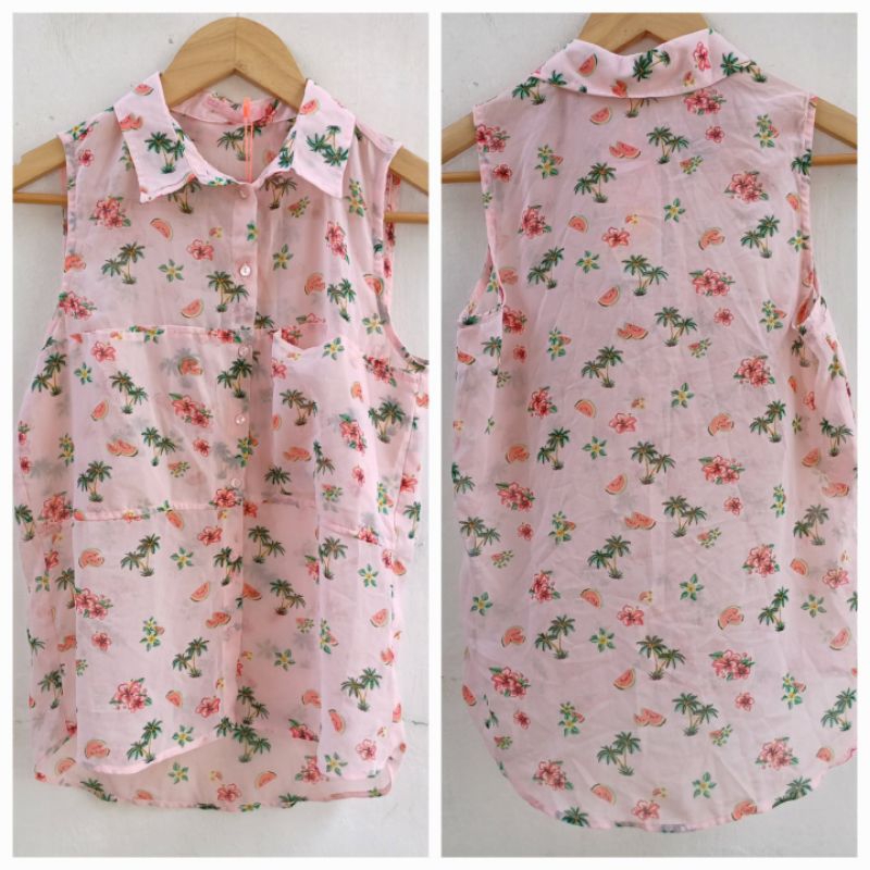 BERSHKA KEMEJA PINK TRANSPARANT PRINT BARU ASLI ORIGINAL