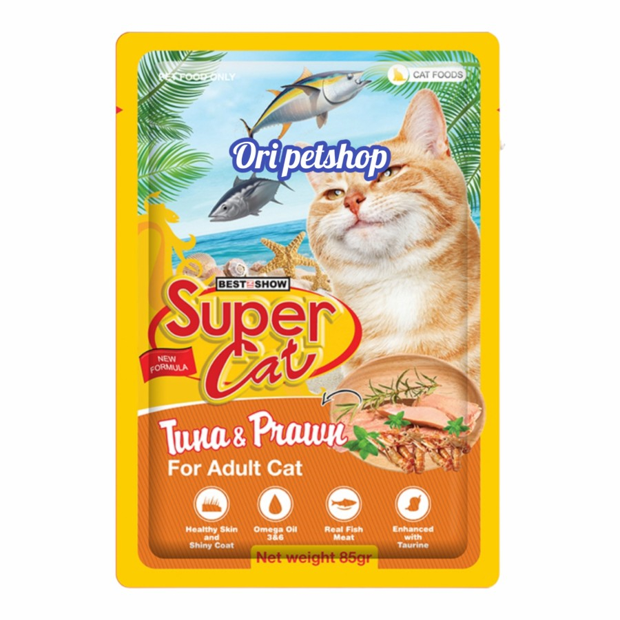 (12x) SUPERCAT Pouch Tuna Prawn Makanan Basah Sachet Wet Food 85g