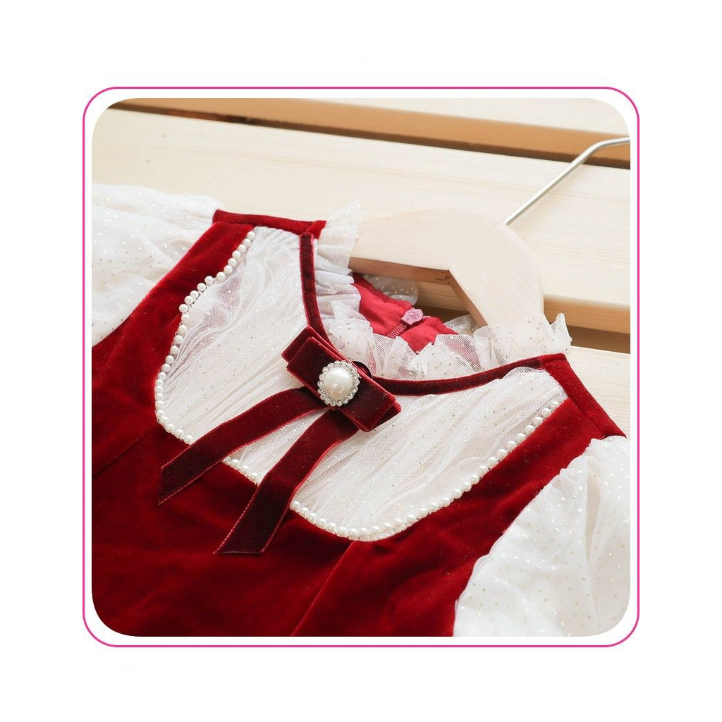 Dress Korean Style Velvet Bludru Lengan Panjang Motif Tile Renda Gliter