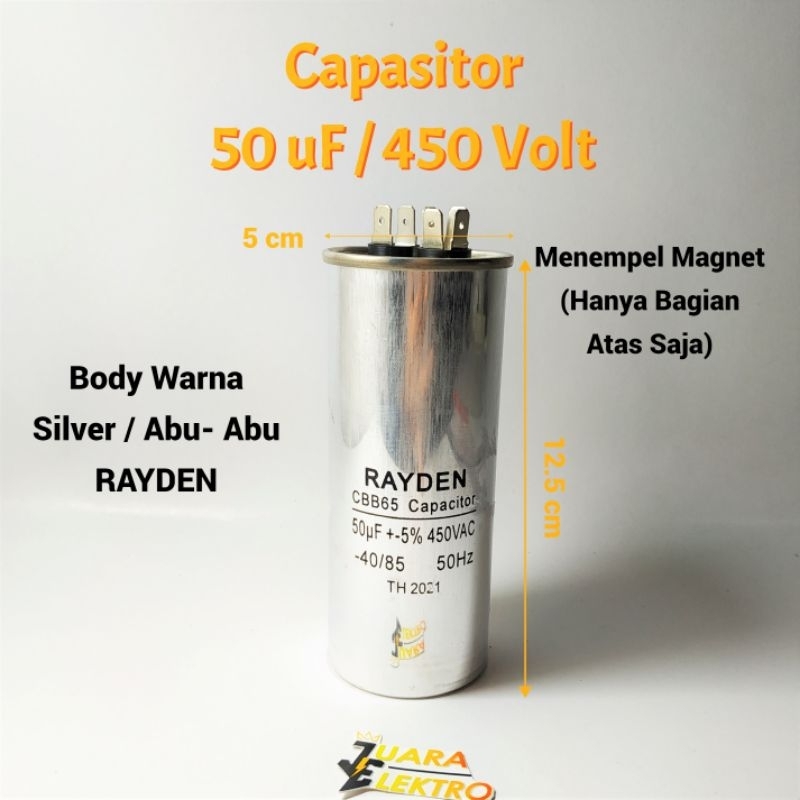 RAYDEN Capasitor AC 50uF / 450V Silver | Kapasitor Bulat 50 uF / 450 Volt