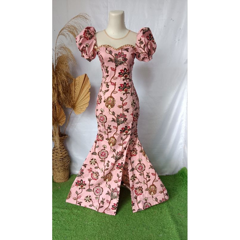 gaun pesta batik strech kombinasi rantai sepan duyung