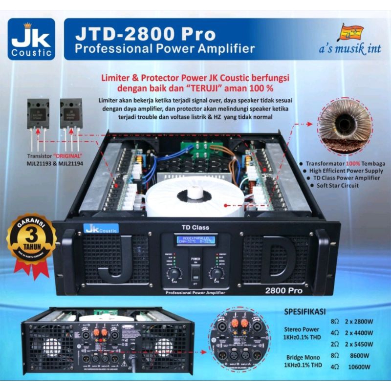 Power Jk Coustic JTD-2800Pro 2x2800watt original class TD (BARU) komponen JOSS