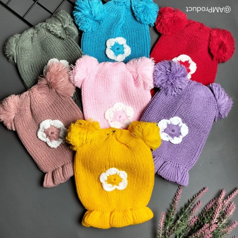 topi kupluk rajut bayi perempuan 3-36 bulan motif bunga