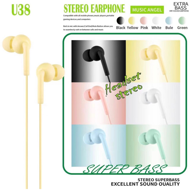 Handsfree / Earphone Macaron U38 Extra Bass + Mic