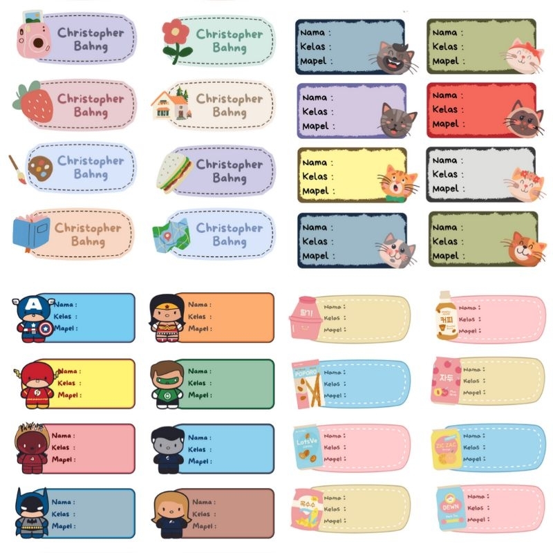 

[12-14 PCS] STIKER LABEL LUCU UNTUK NAMA, MAPEL, DLL. / STIKER KERTAS GLOSSY LUCU MURAH