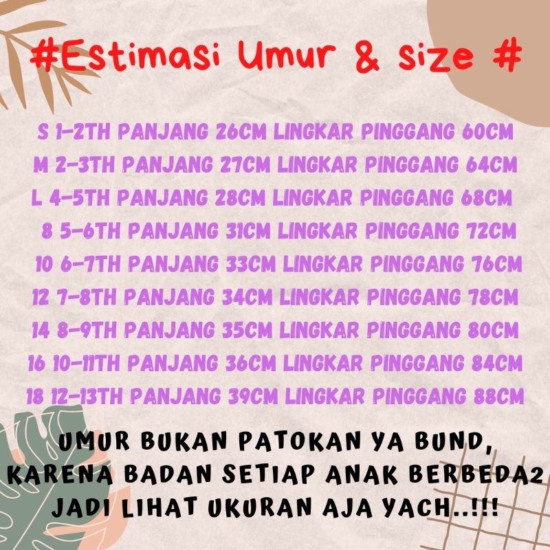 Rok Celana Anak Perempuan Usia 1 2 3 4 5 6 7 8 9 10 11 12 13 Tahun