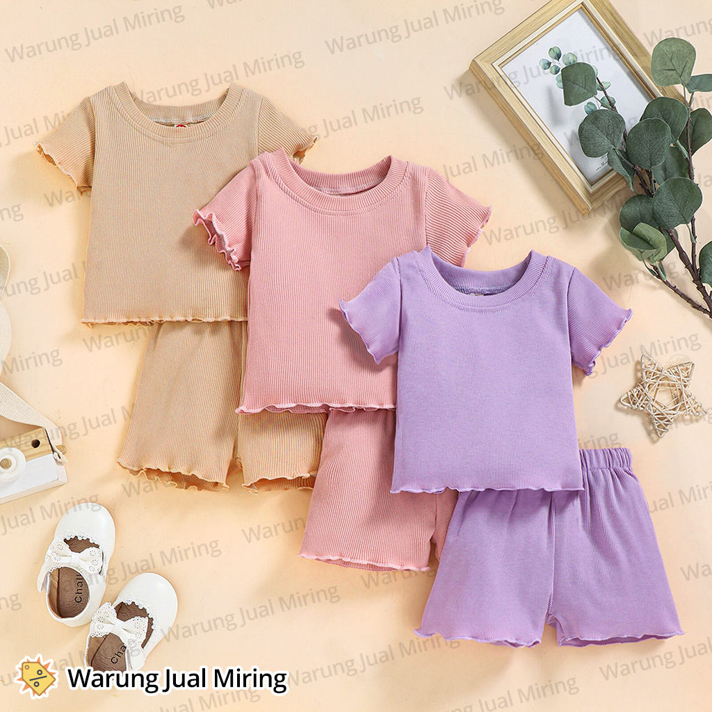 Setelan Anak LEONY 0-3 Tahun Ribbed Ruffle Rib Kriwil Playset Set Kaos Katun Baju Dress Celana Pendek Tidur Harian Adem Perempuan Cewek Cewe Baby Bayi Stelan Pakaian Murah Polos Balita Batita Warna Kekinian Umur Usia Bulan 1 2 4 5 6 7 8 9 10 11 12 18 24