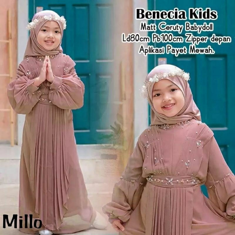 Benecia kids gamis anak syari set khimar usia 7-8 tahun bahan ceruty