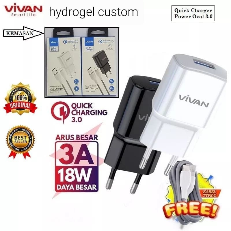Vivan charger power oval III ORIGINAL quick charging 3A 18 watt adaptor + kabel type C