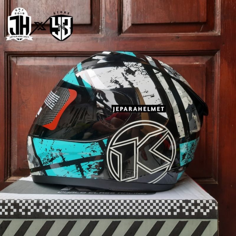 Helm Full Face KYT R10 Motif Seri 3 Black Hitam Aqua Blue Biru Glossy Visor Dark Smoke Hitam Origina