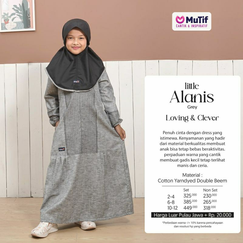 Mutif Sarimbit Alanis Grey Mist Mutif Man Alridho Little Alanis Little Alridho Baju Muslim Gamis Sarimbit Keluarga Family Series Terbaru Ori Lebaran 2023