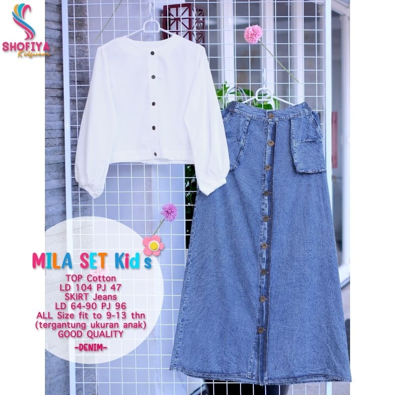MILA SET SETELAN REMAJA ANAK TANGGUNG BLOUSE KATUN DAN ROK JEANS ORI SHOFIYA