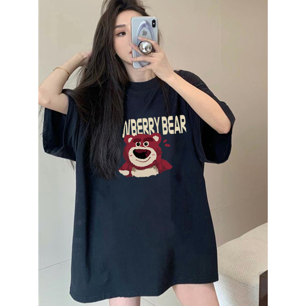 Kaos Atasan Wanita Lengan Pendek Oversize Letter and Cute Bear  Printed T-shirt Baju Wanita Kekinian Korean Style