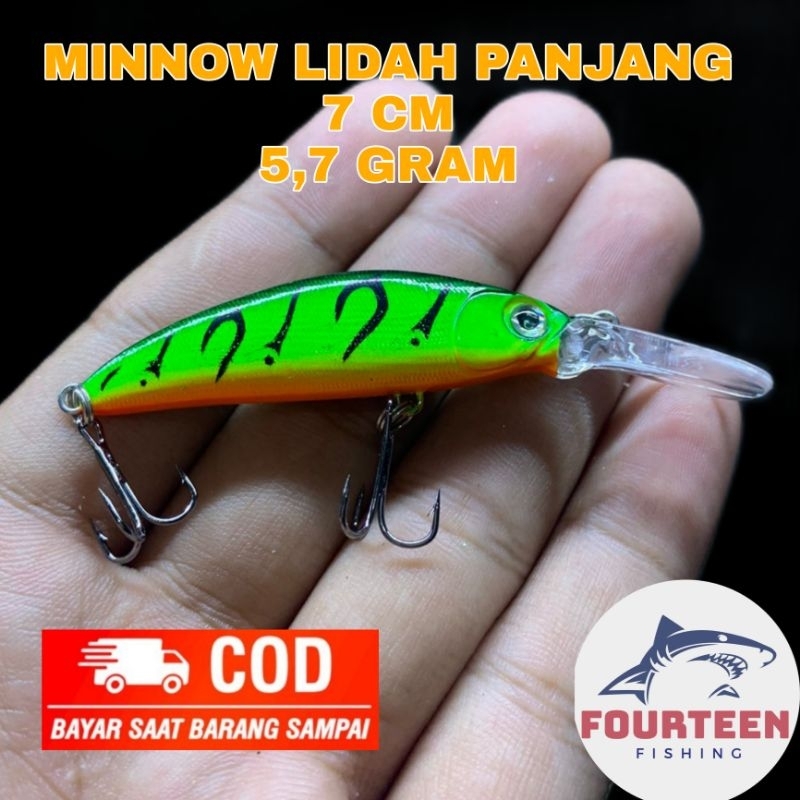 minnow lidah panjang warna hijau tua 7cm 5,7g cocok untuk casting hampala atau ikan baung