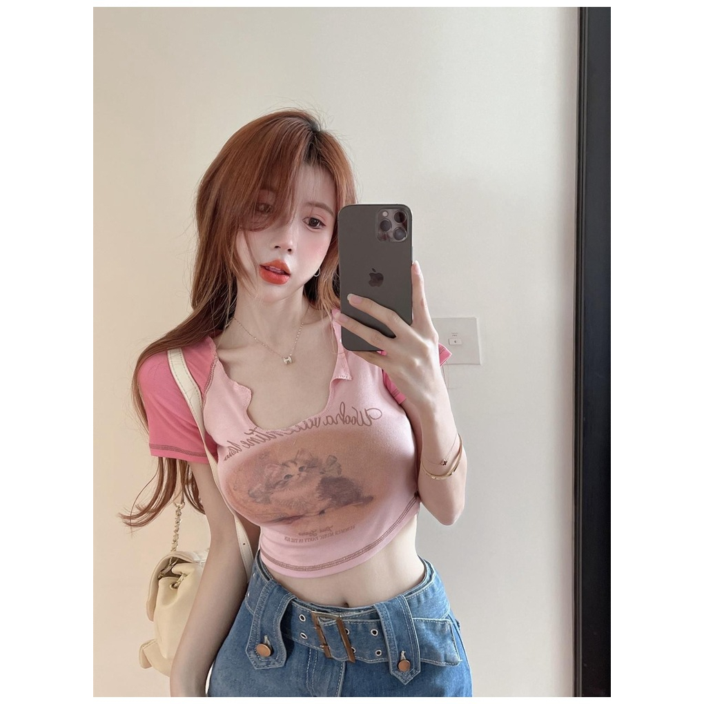 DF BJ381 Crop Top Korean Cuties Cat T-shirt Baju Kaos Pendek Motif Kucing