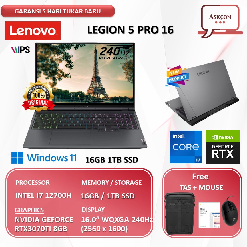 Laptop Gaming Lenovo Legion 5 Pro 16 RTX3070TI 8GB I7 12700H 16GB 1TBSSD W11 OHS2021 16.0WQXGA 240HZ 4ZRGB RHID