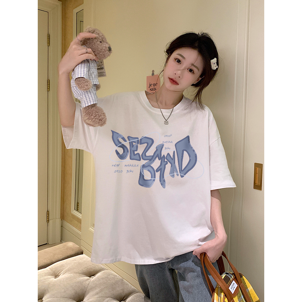 XiaoZhaiNv Kaos Atasan Wanita Huruf Biru Pattern Lengan Pendek A0639/Korean Style