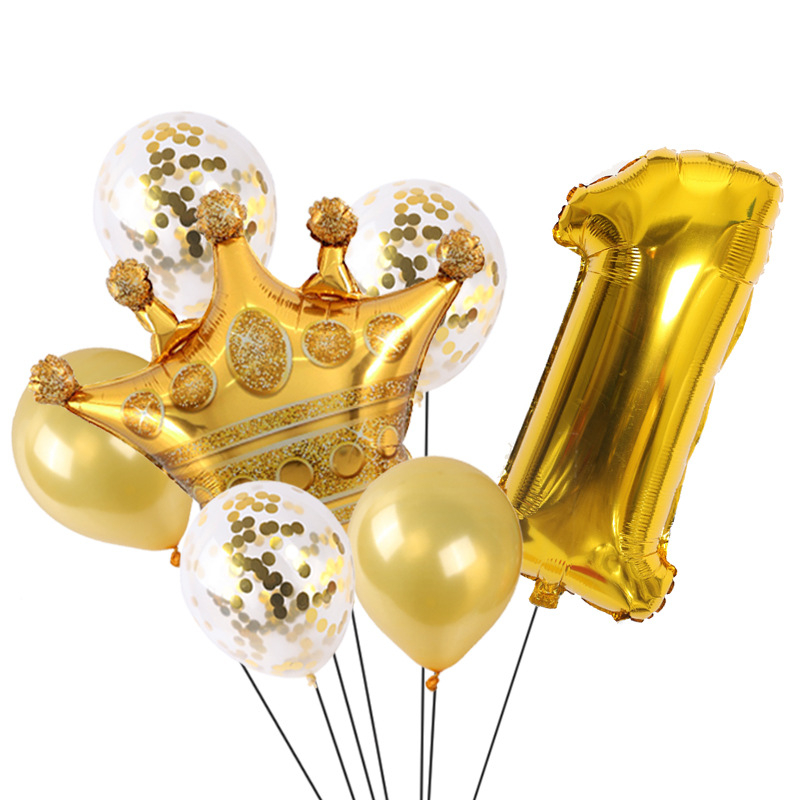 Balon Set 7pc Happy Birthday Number Ultah Ulang Tahun Angka Crown Gold