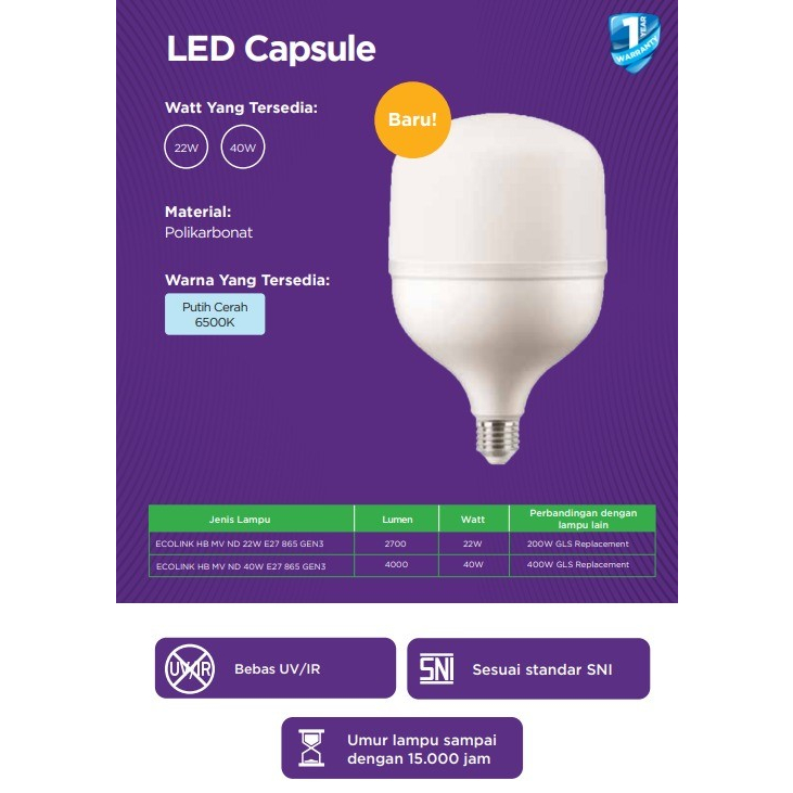 Ecolink LED Bulb Capsule 22W E27 - Cool Day Light