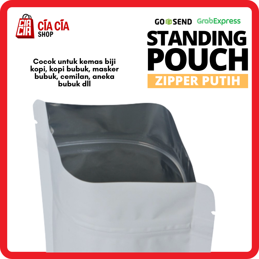 Kemasan Standing Pouch Zipper Alu Putih, Food Grade Kedap Cahaya 14x23 Putih