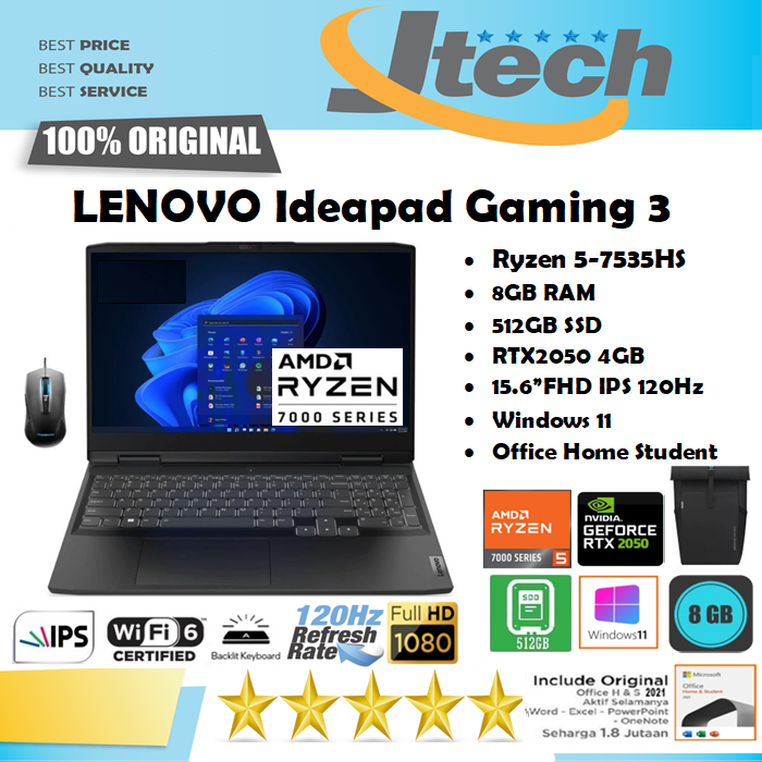 LENOVO Ideapad Gaming 3 - Ryzen 5-7535HS - 8GB - 512GB - RTX2050 4GB - 15.6&quot;FHD IPS 120Hz - W11 - OHS