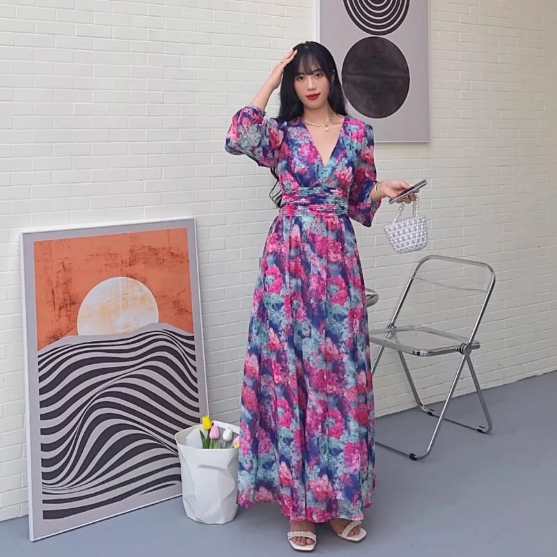 97790 Pakaiak baju maxi dress dres panjang gaya korea corak cantik mewah elegan tangan balon ballon 