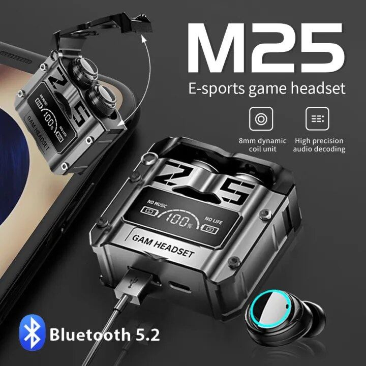 2023 NEW TWS M25 Bluetooth Headset 5.3 Waterproof Wireless Headphone 9D Stereo Sports Earbuds LED Microphoe