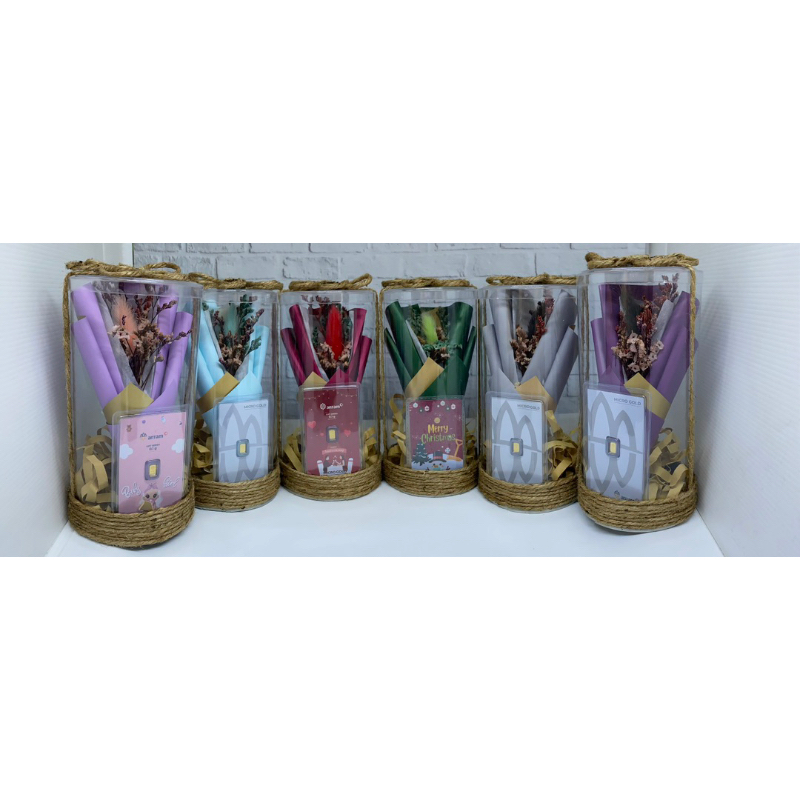 Mini Bouquet Dried Flower dan LM Emas emasin Antam Hartadinata 0,025 0,1 0,25 gram in Cylinder Buket