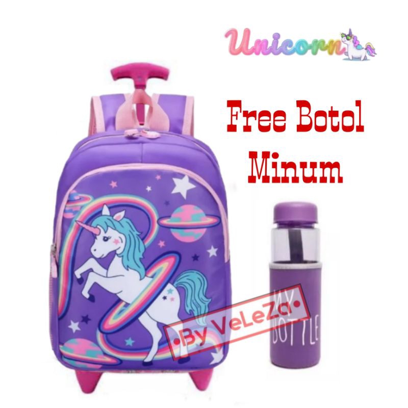 Tas ransel troli anak PAUD TK karakter unicorn canvas gratis botol minum - tas anak