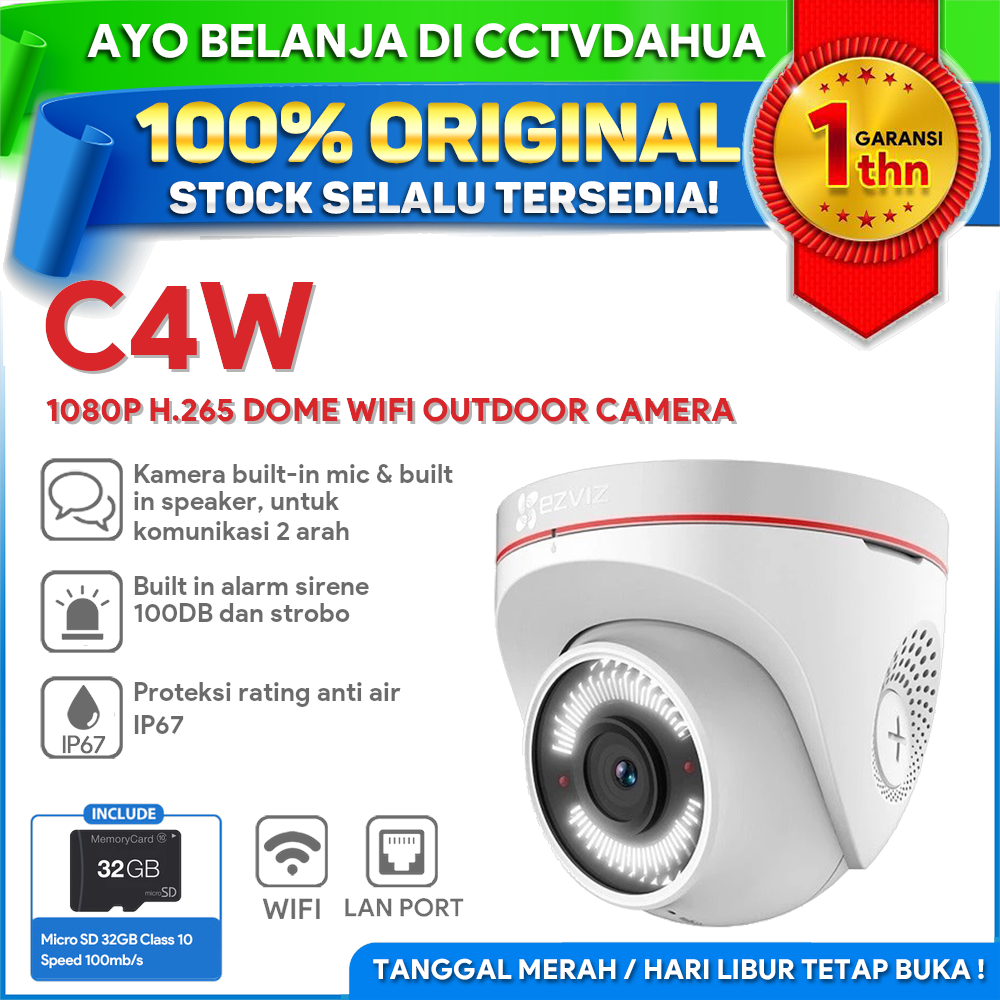 EZVIZ C4W 1080P IP CAMERA WITH ACTIVE DEFENSE FREE MICRO SD 32GB GARANSI RESMI 1 TAHUN