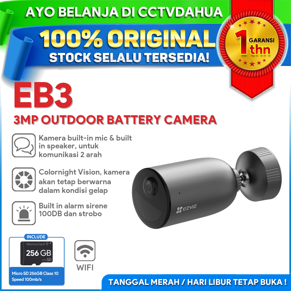 EZVIZ EB3 3MP OUTDOOR WIFI BATTERY CAMERA 5.200mAh FREE MICROSD 256GB GARANSI 1TH