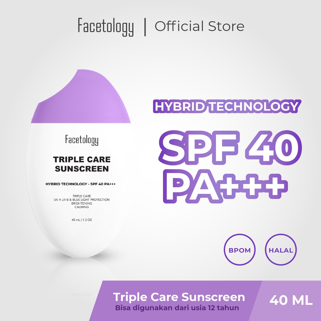 ⭐BAGUS⭐ FACETOLOGY Triple Care Sunscreen 40ml SPF 50 PA+++ | Hybrid formula