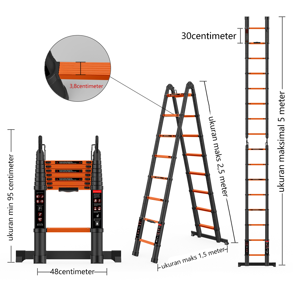 IXCE teleskopik aluminium alloy tangga lipat hitam orange 2.5 + 2.5 5M tangga teleskopik ganda 5 meter Harga grosir bisa nego