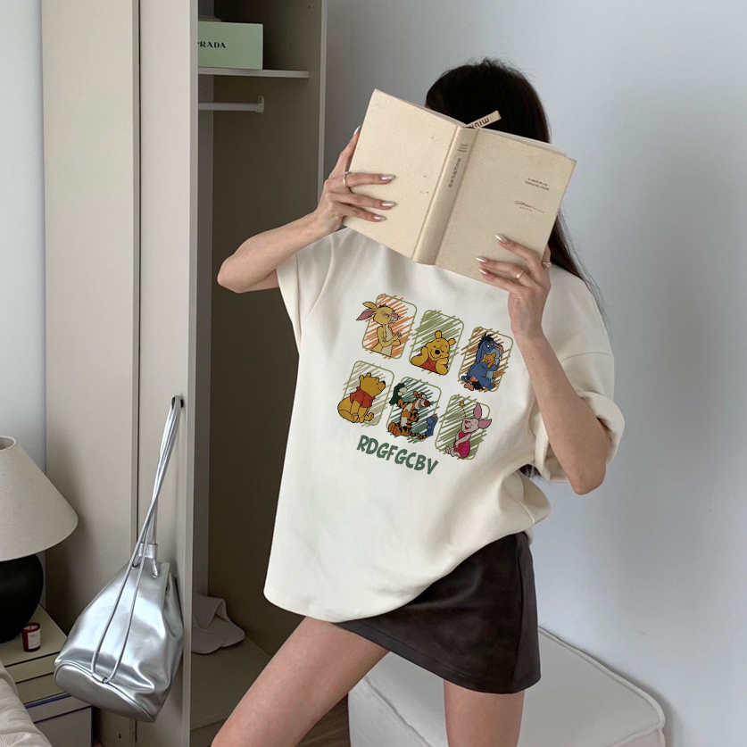 kaos wanita korean style lengan pendek cartoon graffiti winnie the pooh motif printed t-shirt kekinian import oversize kaos puith