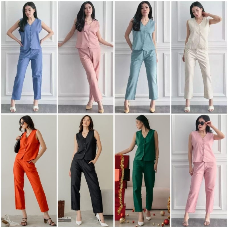 ♡ PREMIUM ♡ ORIGINAL ! SEALLY 2 IN 1 SET BUTTON VEST OUTER TOP WITH LONG PANTS / SETELAN ROMPI &amp; CELANA ( HIJAB FRIENDLY )