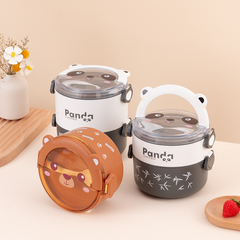 Lunch Box Set Bulat 2 Tingkat 2000ML Tempat Makan Motif Panda Beruang Lucu Dengan Sendok / Kotak Bekal Anti Tumpah Portable Set