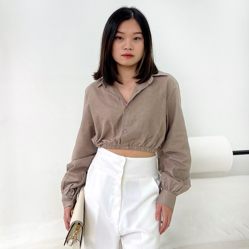 Thea Top/Kemeja Crop Linen Lengan Panjang