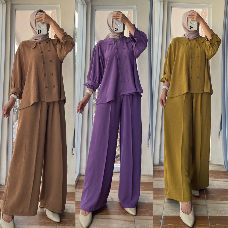 ONE SET SAKIRA POLOS CRINKEL AIRFLOW PREMIUM/SETELAN KAMEJA WANITA/SET OOTD