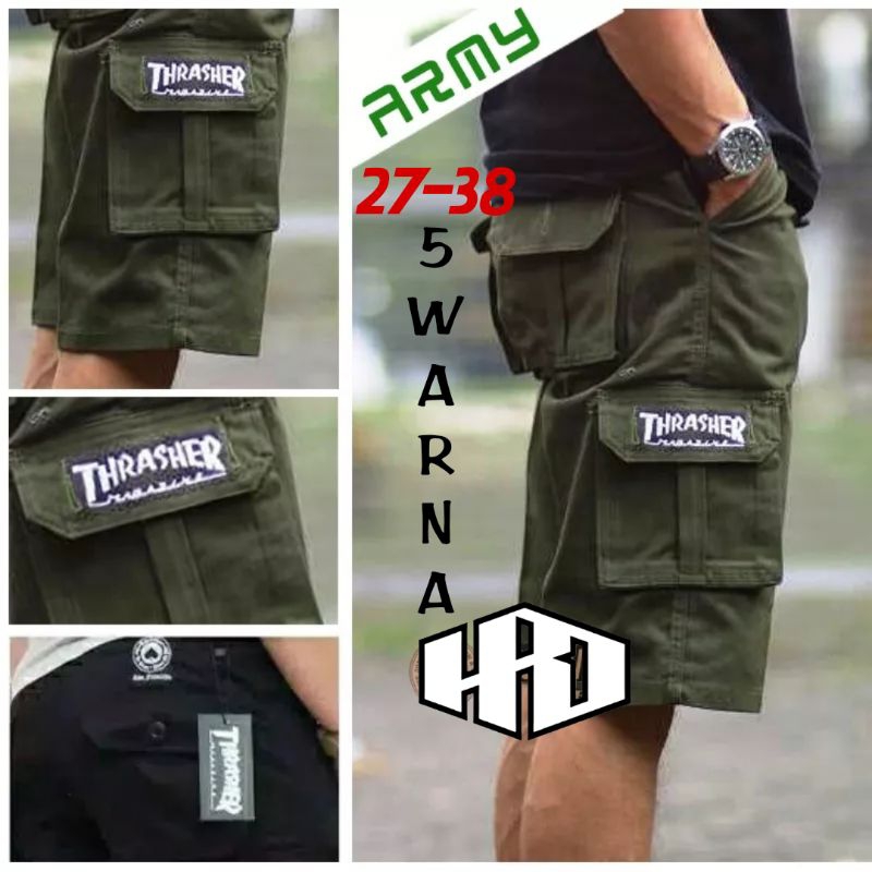 [TERLARIS] CELANA CARGO PENDEK POLOS ARMY THRASHER BAHAN AKTIN DRILL GRADE A SIZE 27-38 SAKU TIMBUL