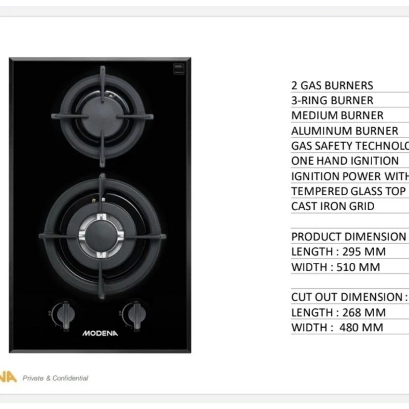 (Harga promo) Kompor Tanam gas Modena BH 1325 ACBK / 1325ACBK / BH1325ACBK 30cm 2 tungku