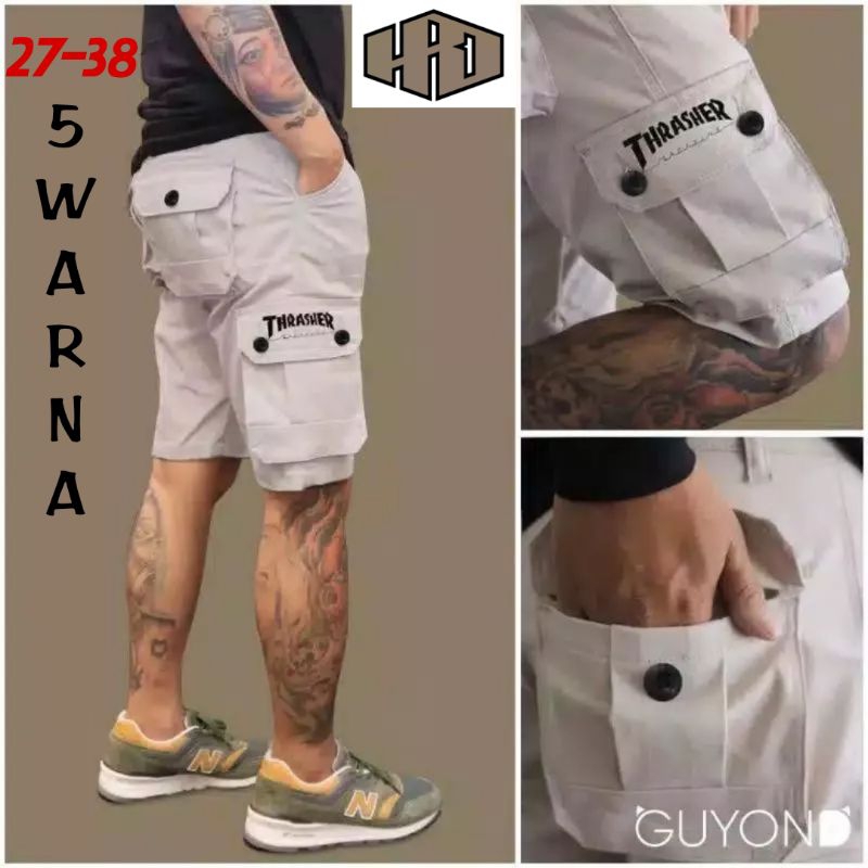 Cargo Pendek Pria Cowok Polos Terlaris Size 27/38 Thrasher Bahan Katun Tebal 6 Saku Pinggang Kancing Resleting Pengiriman dari Pekalongan 5 Warna