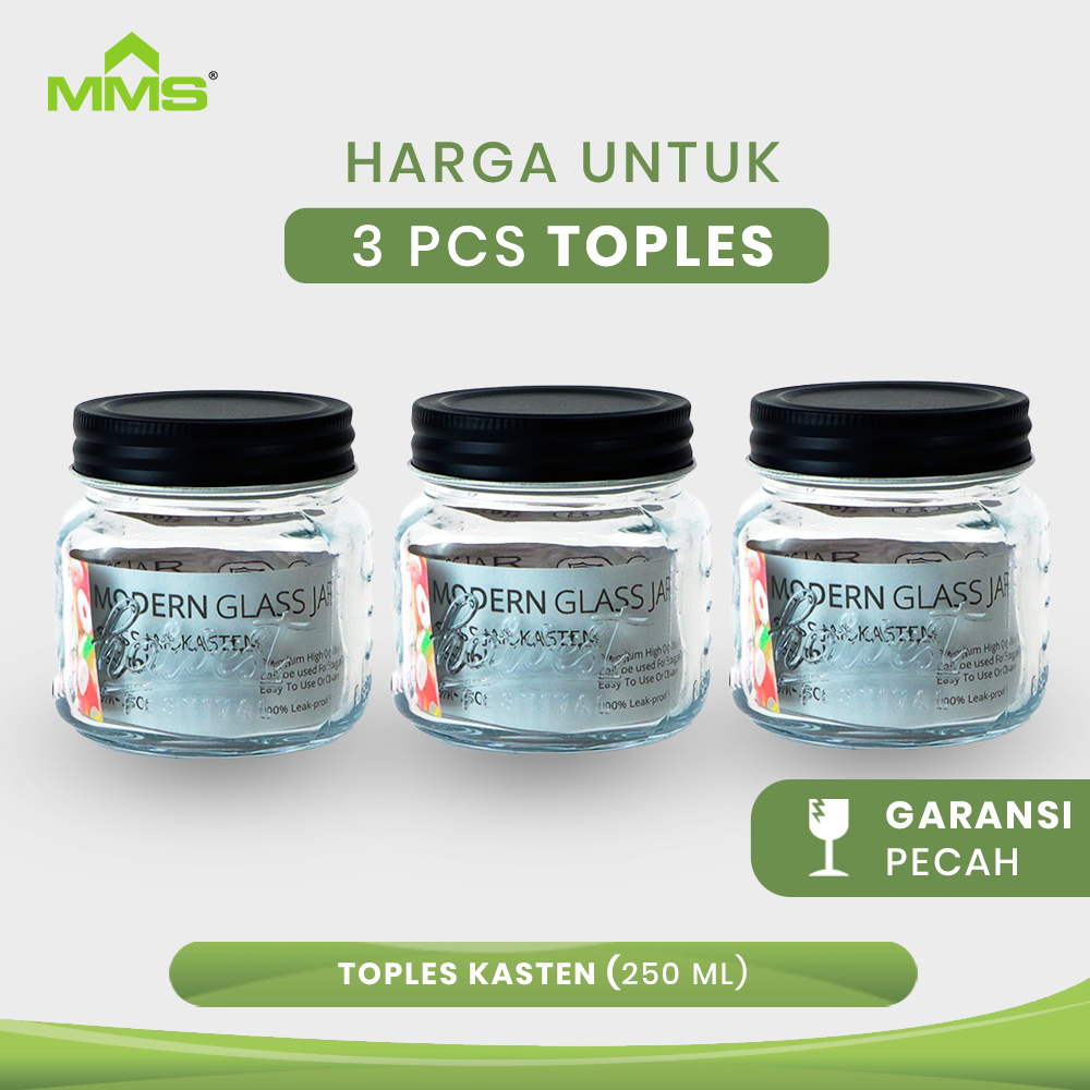 Toples Kaca Kotak Tutup Stainless Kedap Udara Kasten 250 ML isi 3 PCS MMS