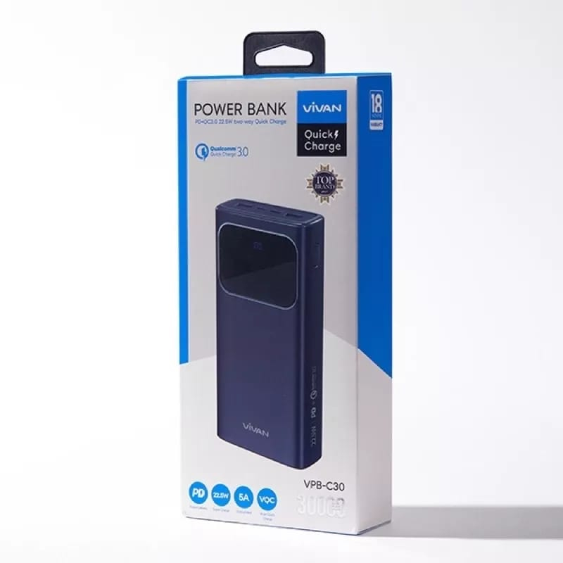 A_  VIVAN Power Bank VPB-C30 PowerBank 30000mAh 3 Output Fast Charging 22.5W PD QC 3.0 Support VOOC Garansi Original Resmi