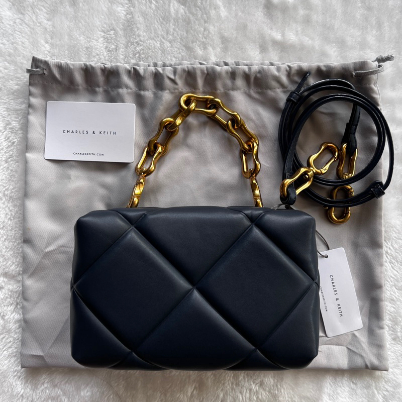 Tas Charles and Keith Gemma Chunky Chain Handle Quilted Boxy Bag in Navy Preloved