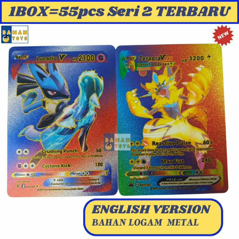 Kartu Pokemon 1 box 55pcs Charizard Pikachu cards Bahan Metal Emas Silver Bahasa English