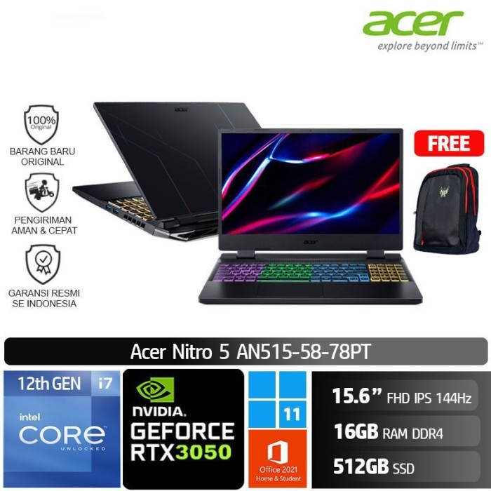 Acer Nitro 5 AN515 58 78PT Core i7-12700H 16GB SSD 512G RTX3050 4G W11 OHS