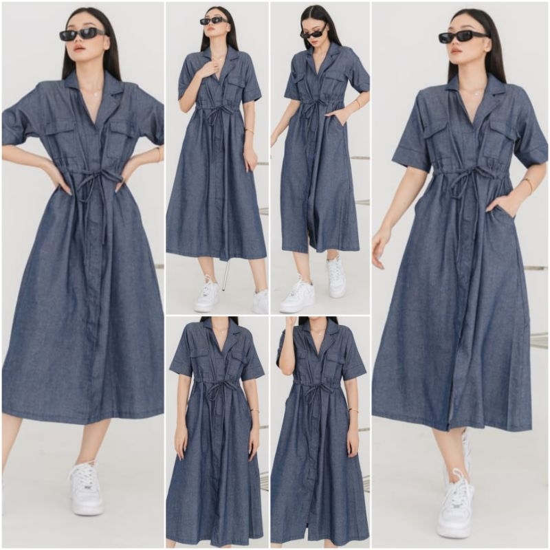 ❣️ SPECIAL PRICE ♡ PREMIUM ♡ ORIGINAL ! JEANNE DENIM JEANS VINTAGE COLLAR BUTTON POCKET TIED MIDI DRESS LONG OUTER ( BUSUI FRIENDLY )