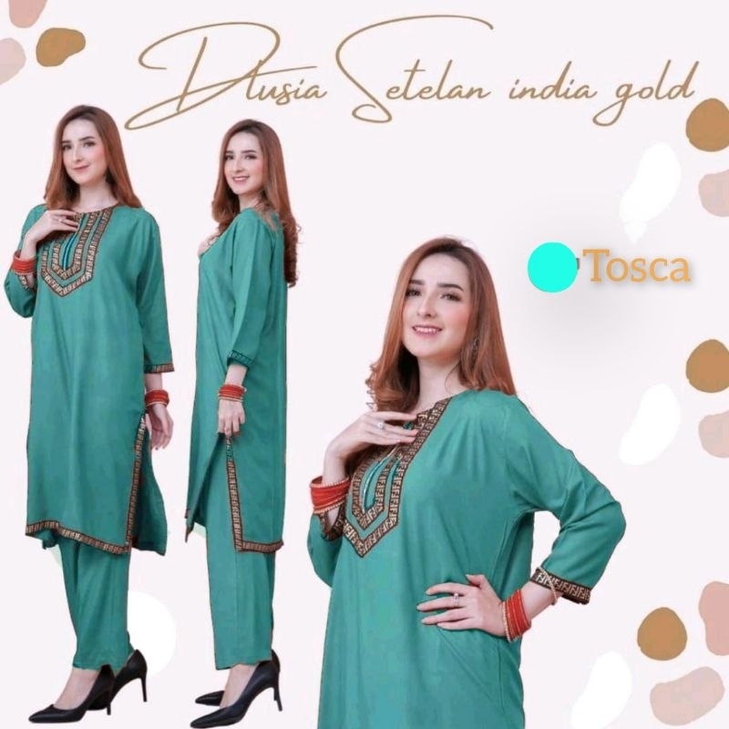DASTER ARAB DLUSIA SETELAN INDIA GOLD BY DLUSIA ORI - SETCEL HOME DRESS - SETELAN BAJU DAN CELANA WA